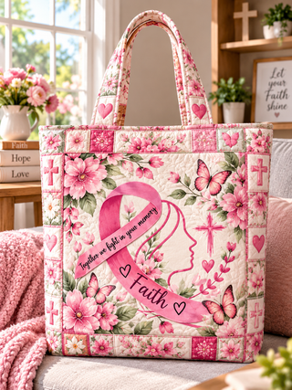 Faith Pink Ribbon Floral Tote Bag