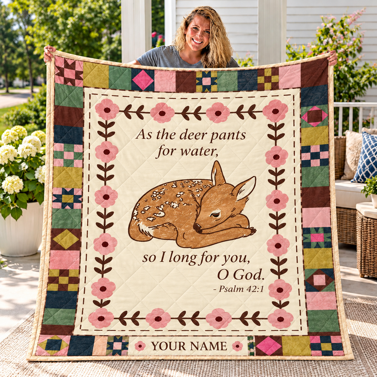 Sleeping Fawn Floral Patchwork Personalized Quilt