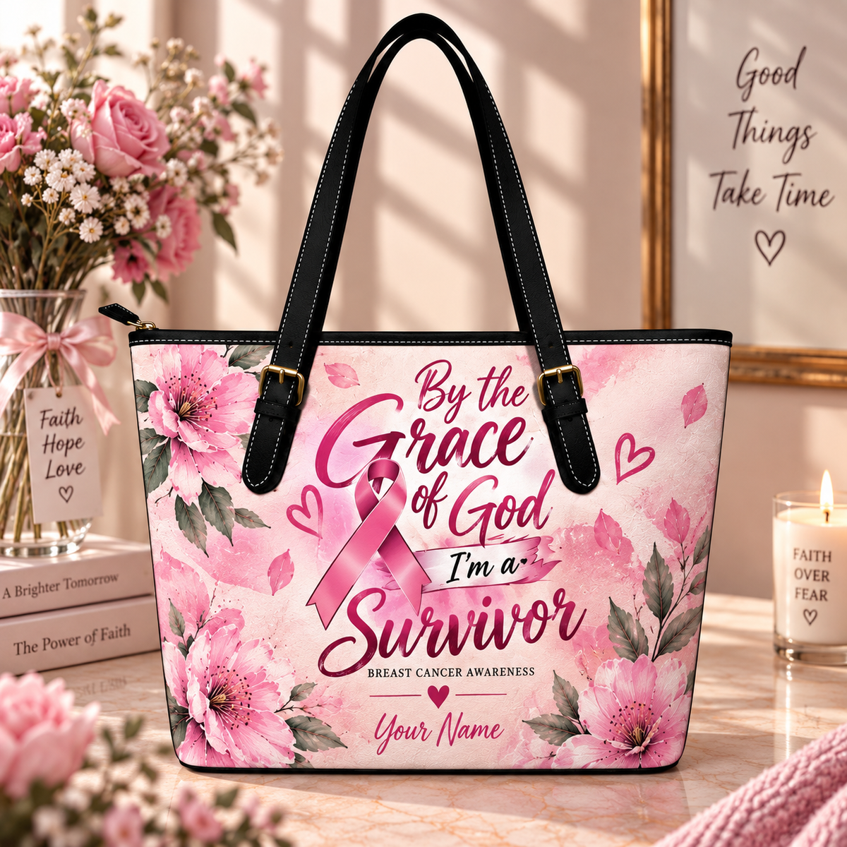 Grace Survivor Pink Ribbon Personalized Saddle Bag