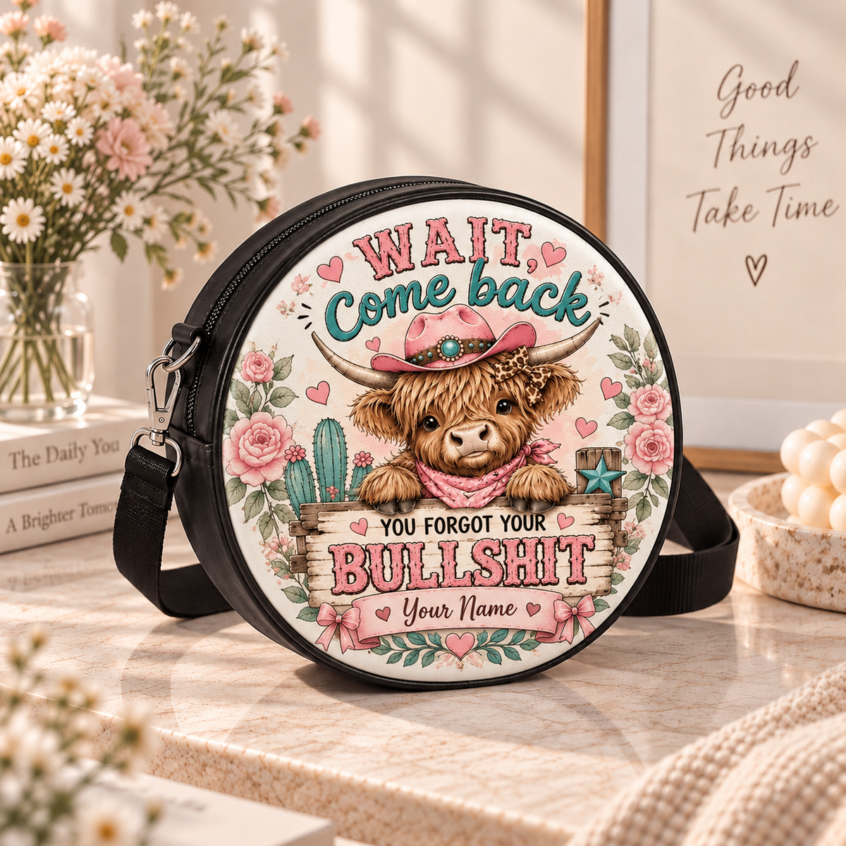 Highland Cow Wait Come Back Personalized Leather Round Bag