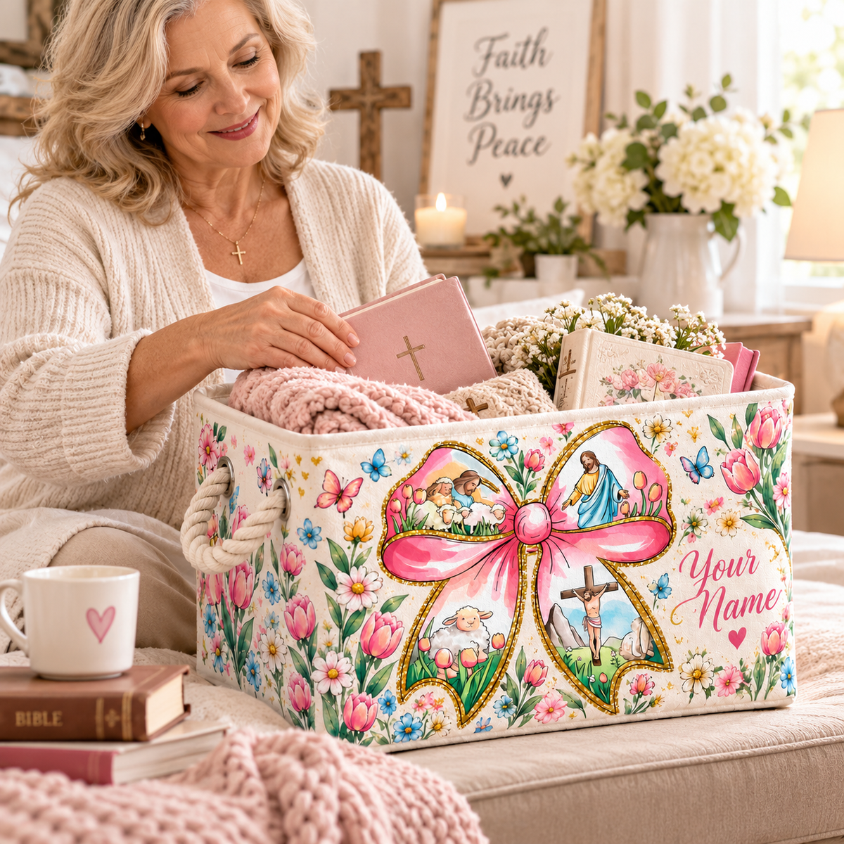 Pink Bow Spring Floral Personalized Storage Basket