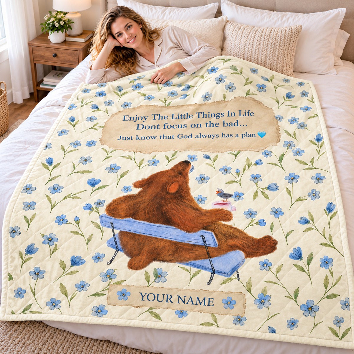 Bear and Bird Blue Floral Personalized Quilt