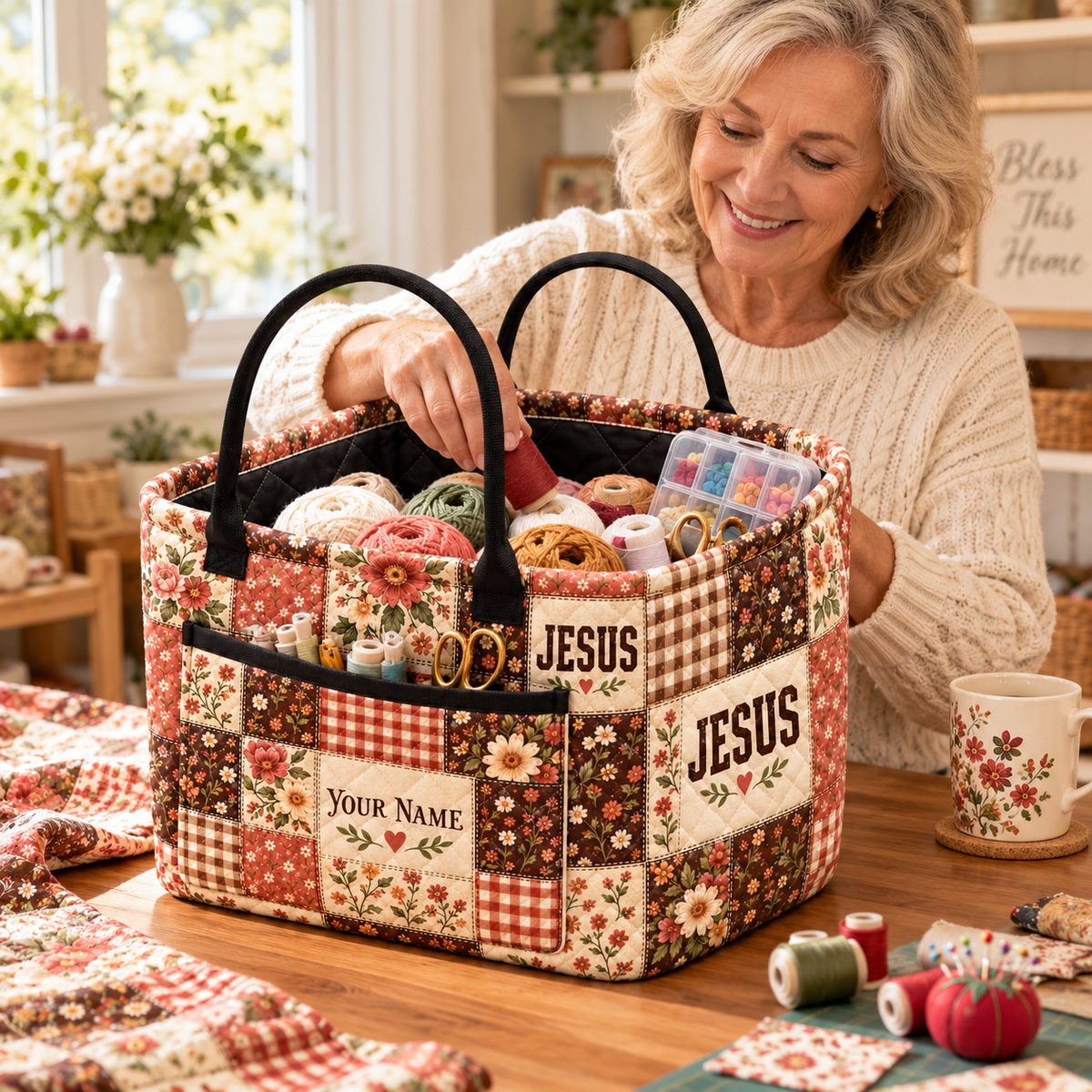 Vintage Floral Patchwork Personalized Quilted Storage Basket