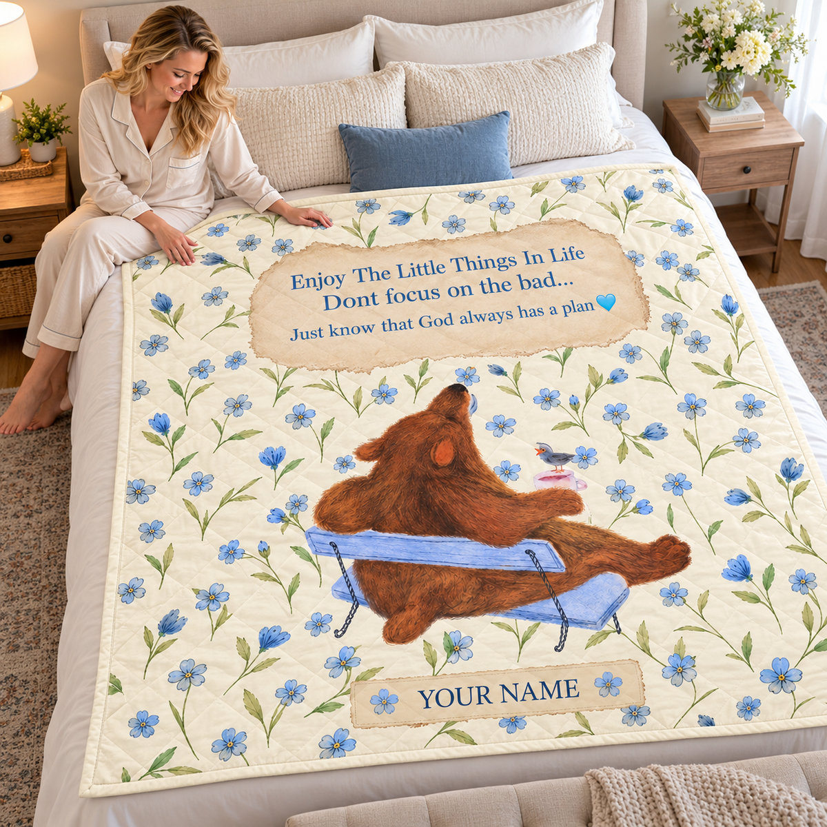 Bear and Bird Blue Floral Personalized Quilt