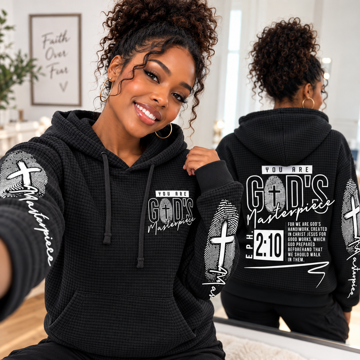 Black White Fingerprint Waffle Hoodie
