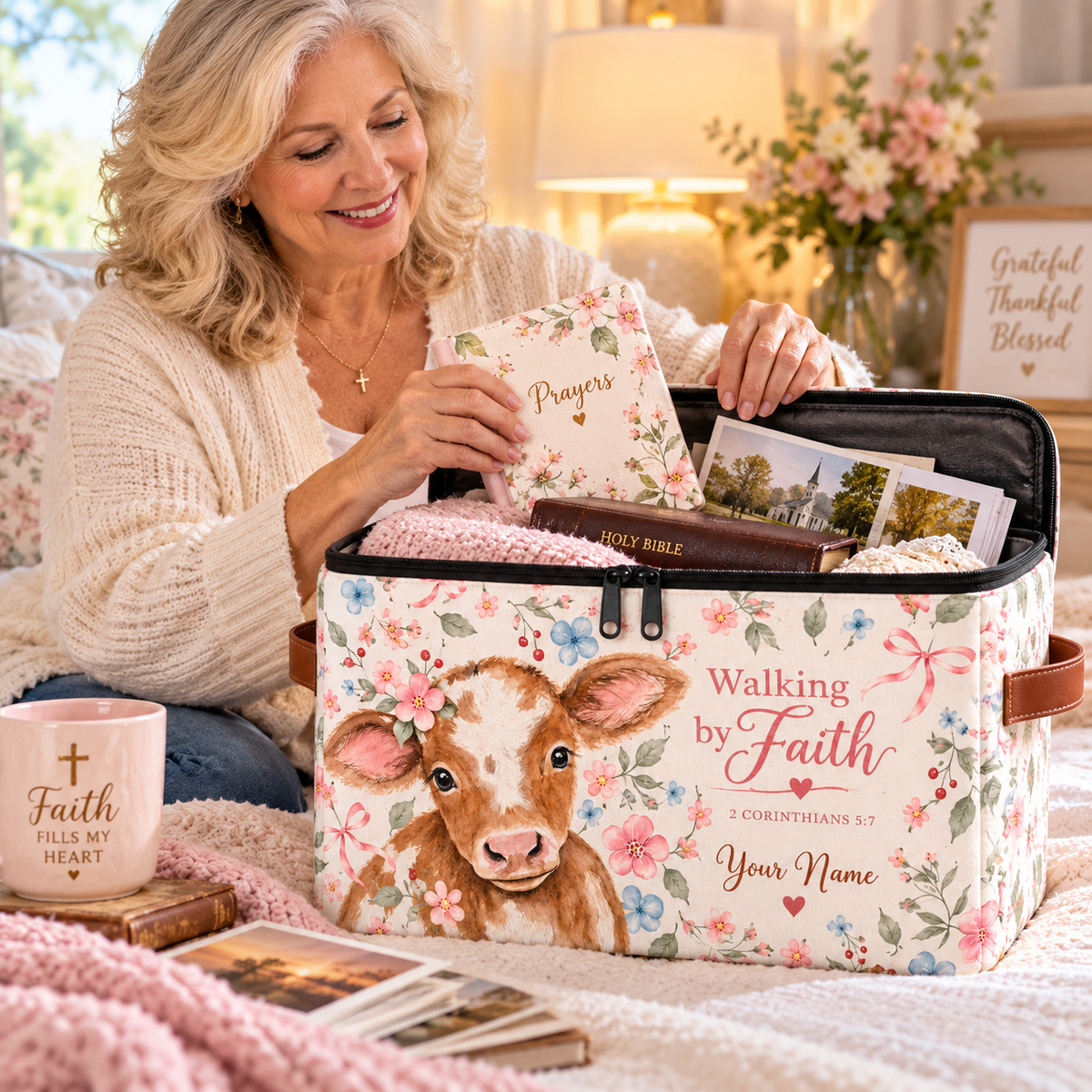 Floral Baby Cow Personalized Square Storage Basket With Lid