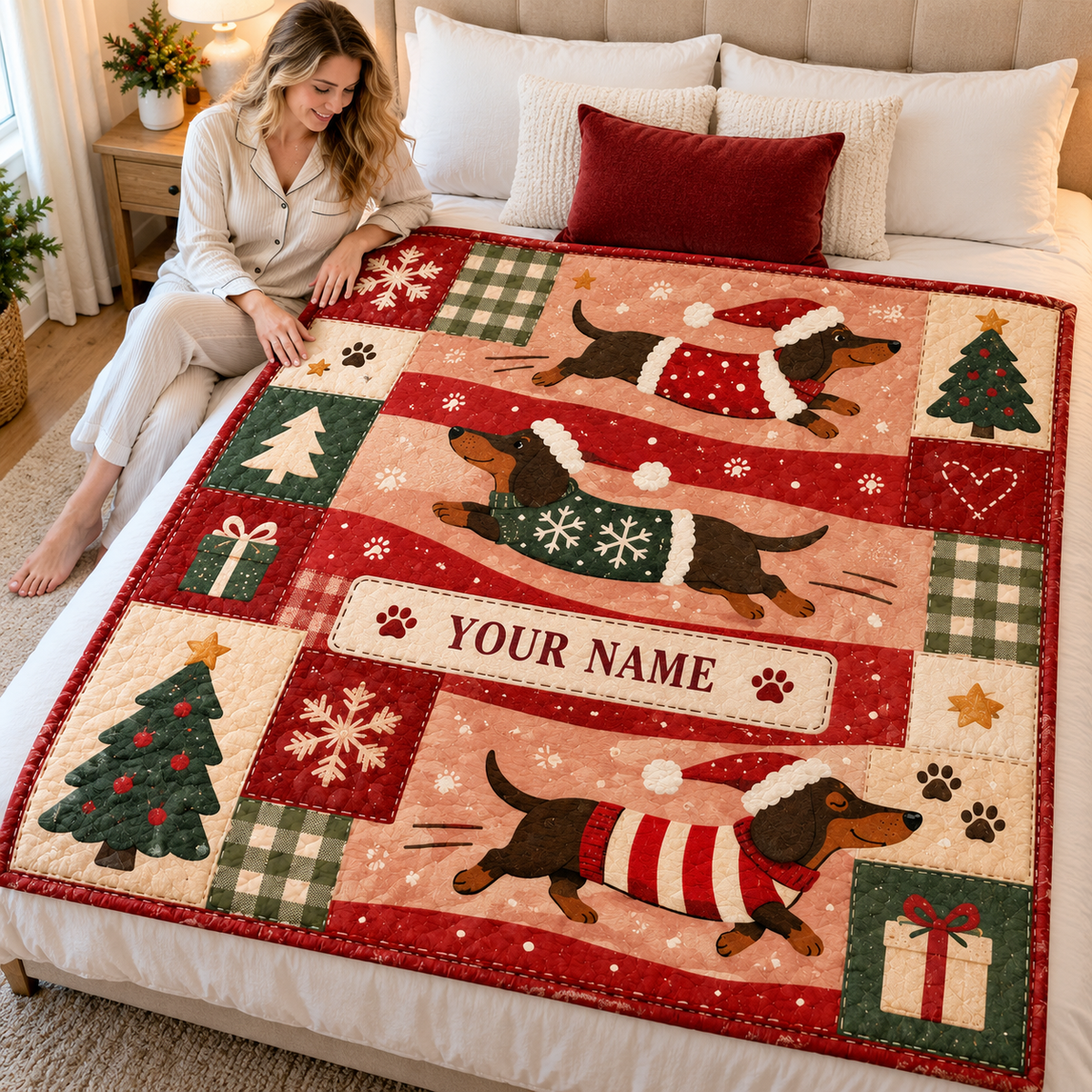 Festive Dachshund Patchwork Personalized Quilt