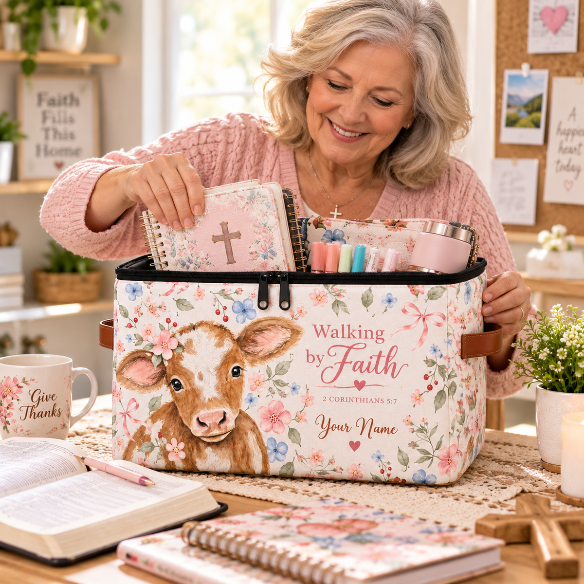 Floral Baby Cow Personalized Square Storage Basket With Lid