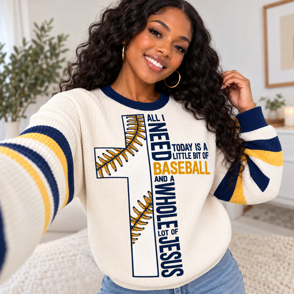 Cream Baseball Stitch Waffle Sweatshirt