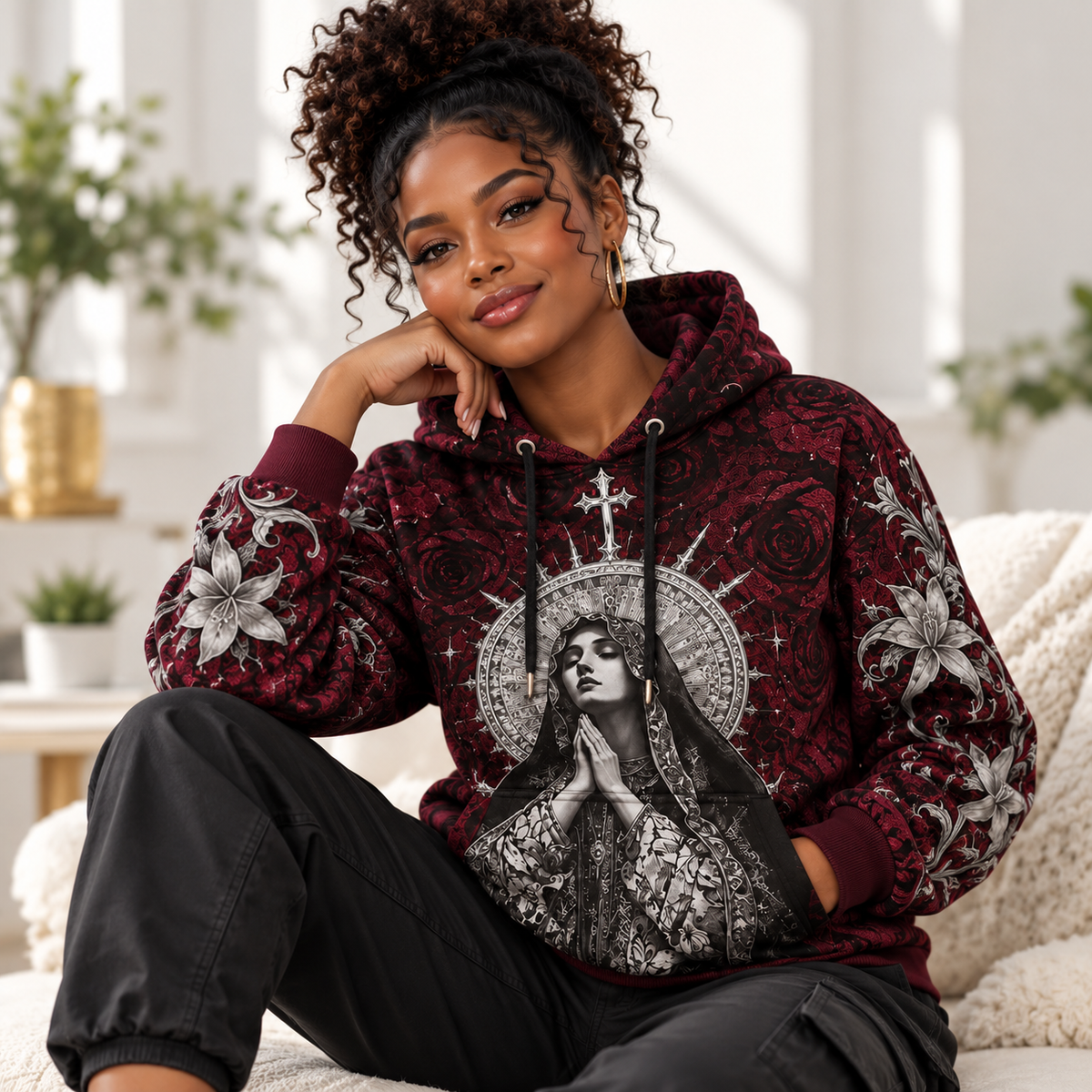 Burgundy Roses and Silver Lilies Waffle Hoodie