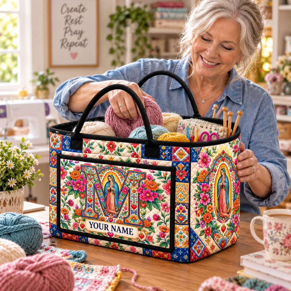 Vibrant Floral Letter M Personalized Quilted Storage Basket