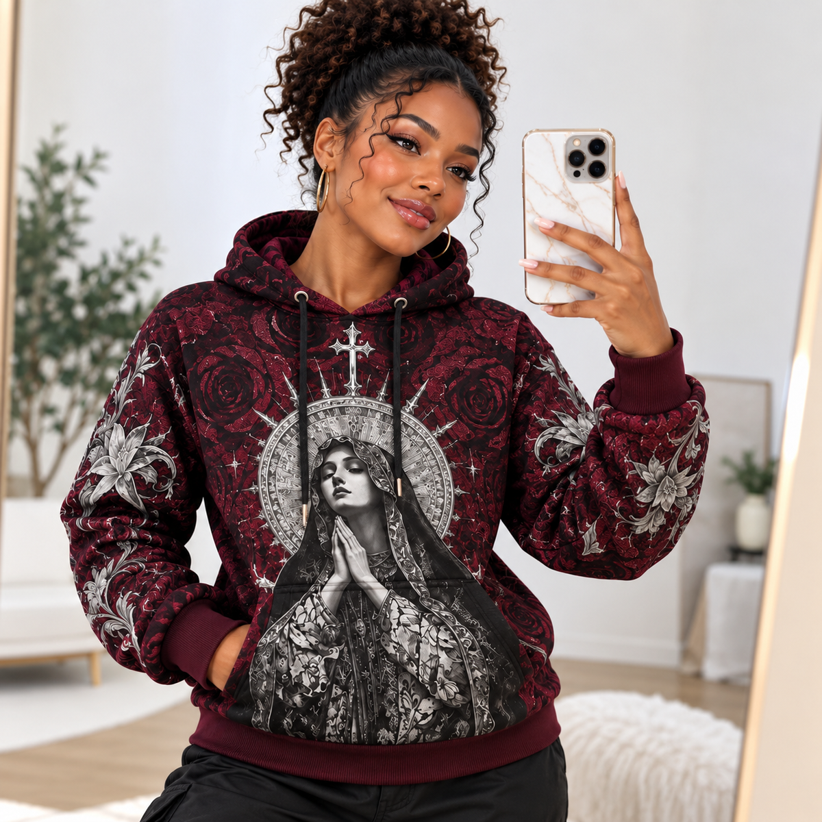 Burgundy Roses and Silver Lilies Waffle Hoodie