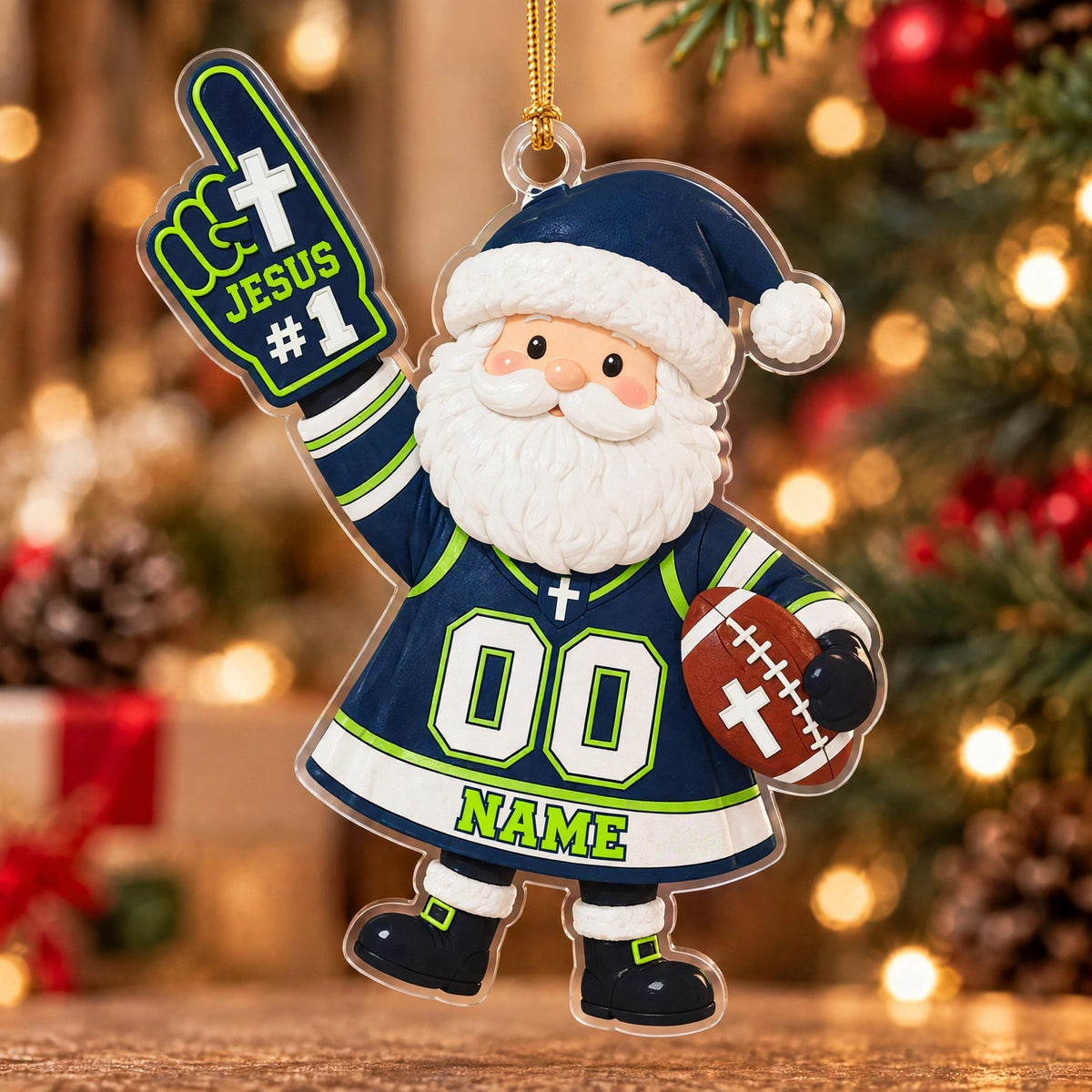 Jesus #1 Navy Lime Football Santa Personalized Sports Ornament