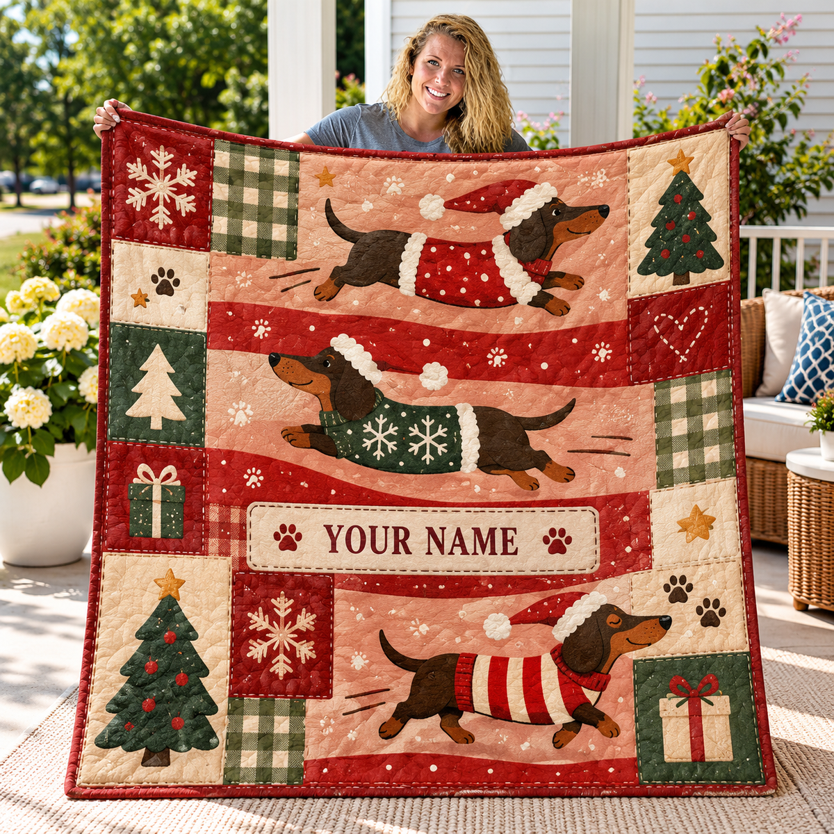 Festive Dachshund Patchwork Personalized Quilt