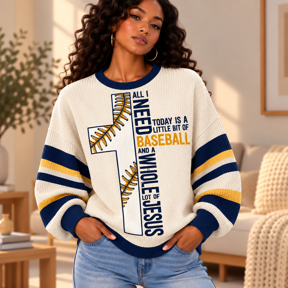 Cream Baseball Stitch Waffle Sweatshirt