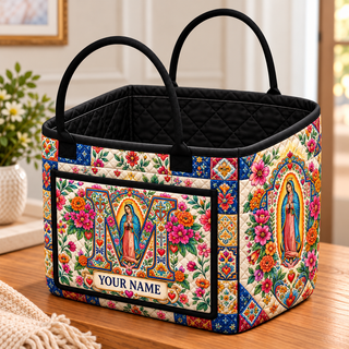 Vibrant Floral Letter M Personalized Quilted Storage Basket