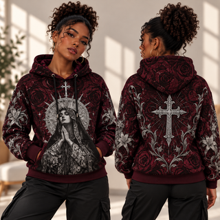 Burgundy Roses and Silver Lilies Waffle Hoodie