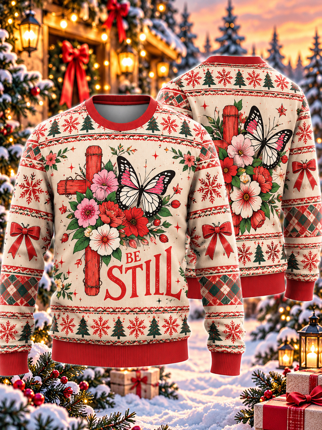 Be Still Butterfly Cross Ugly Sweater