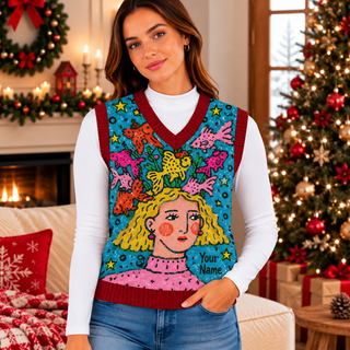 Personalized Girl and Colorful Fish Knitted V-Neck Vest