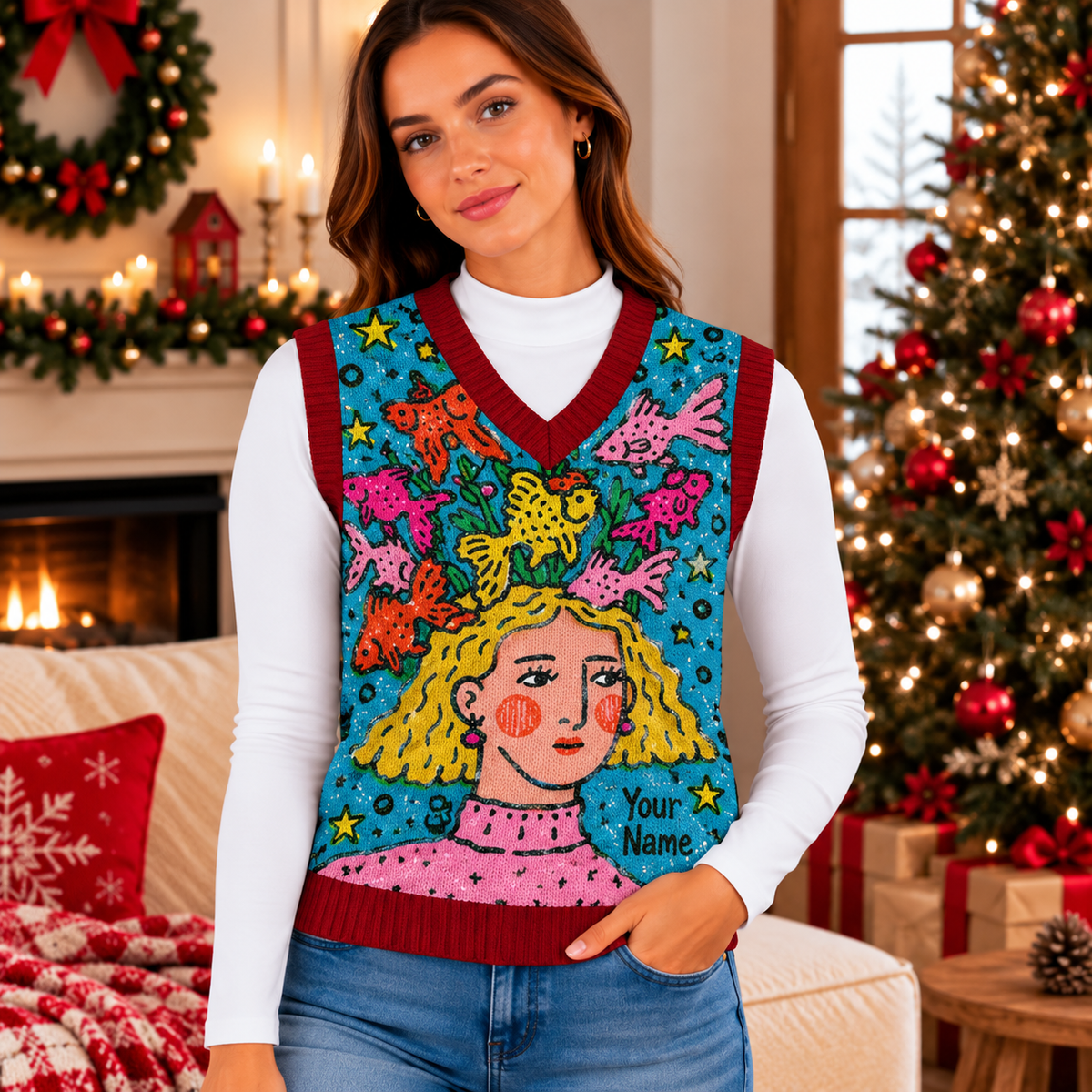 Personalized Girl and Colorful Fish Knitted V-Neck Vest