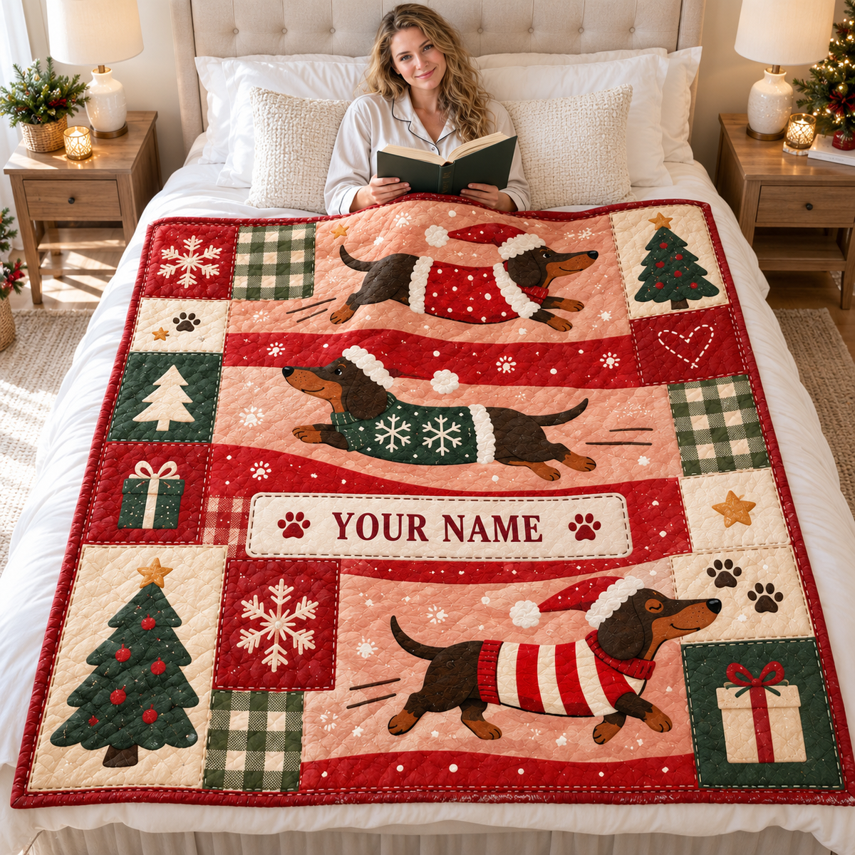 Festive Dachshund Patchwork Personalized Quilt