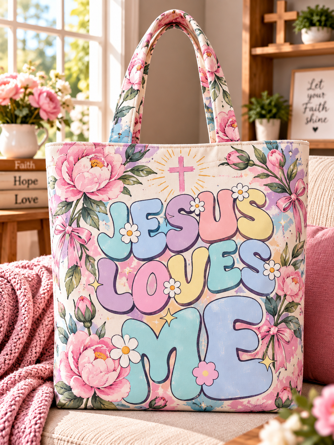 Jesus Loves Me Pastel Floral Tote Bag
