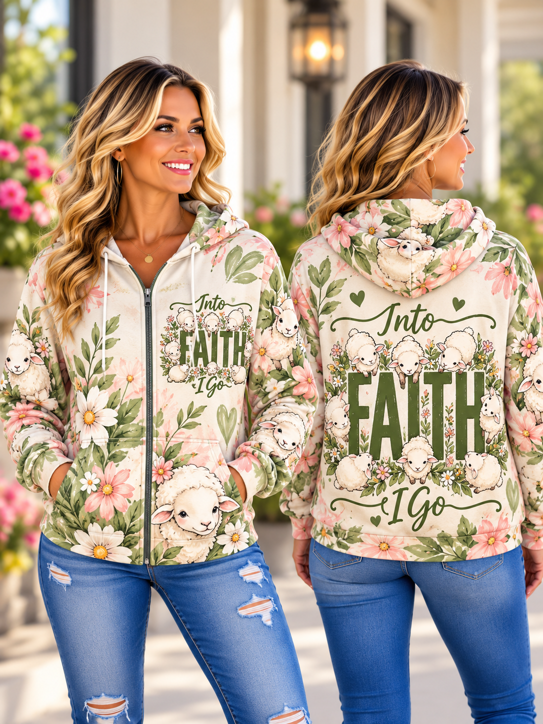 Front and back view of a floral zip hoodie with lambs and the text Into FAITH I Go