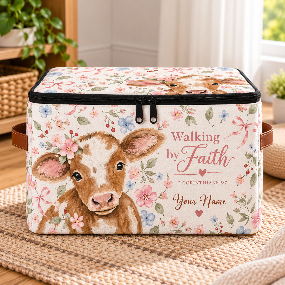 Floral Baby Cow Personalized Square Storage Basket With Lid