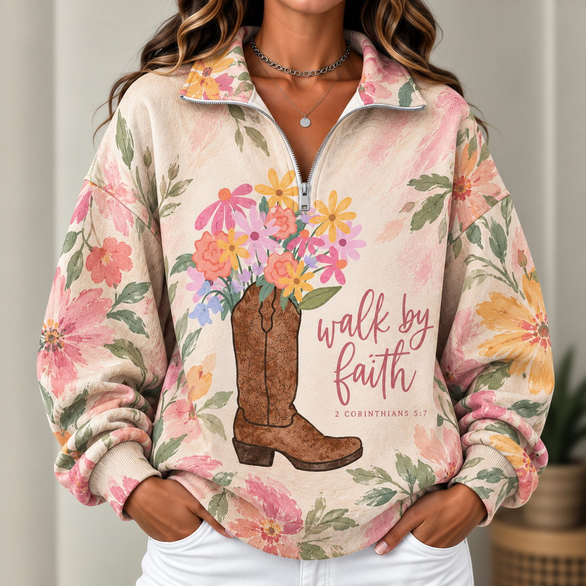 Floral Boot Women's Half-zip Sweatshirt NWY076