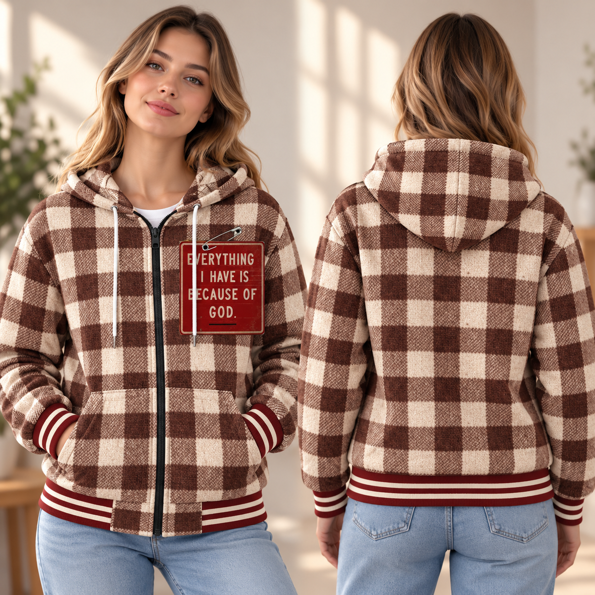 Brown Plaid Red Sign Zip-up Baseball Jacket