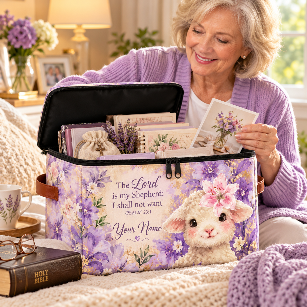 Purple Floral Lamb Personalized Square Storage Basket With Lid