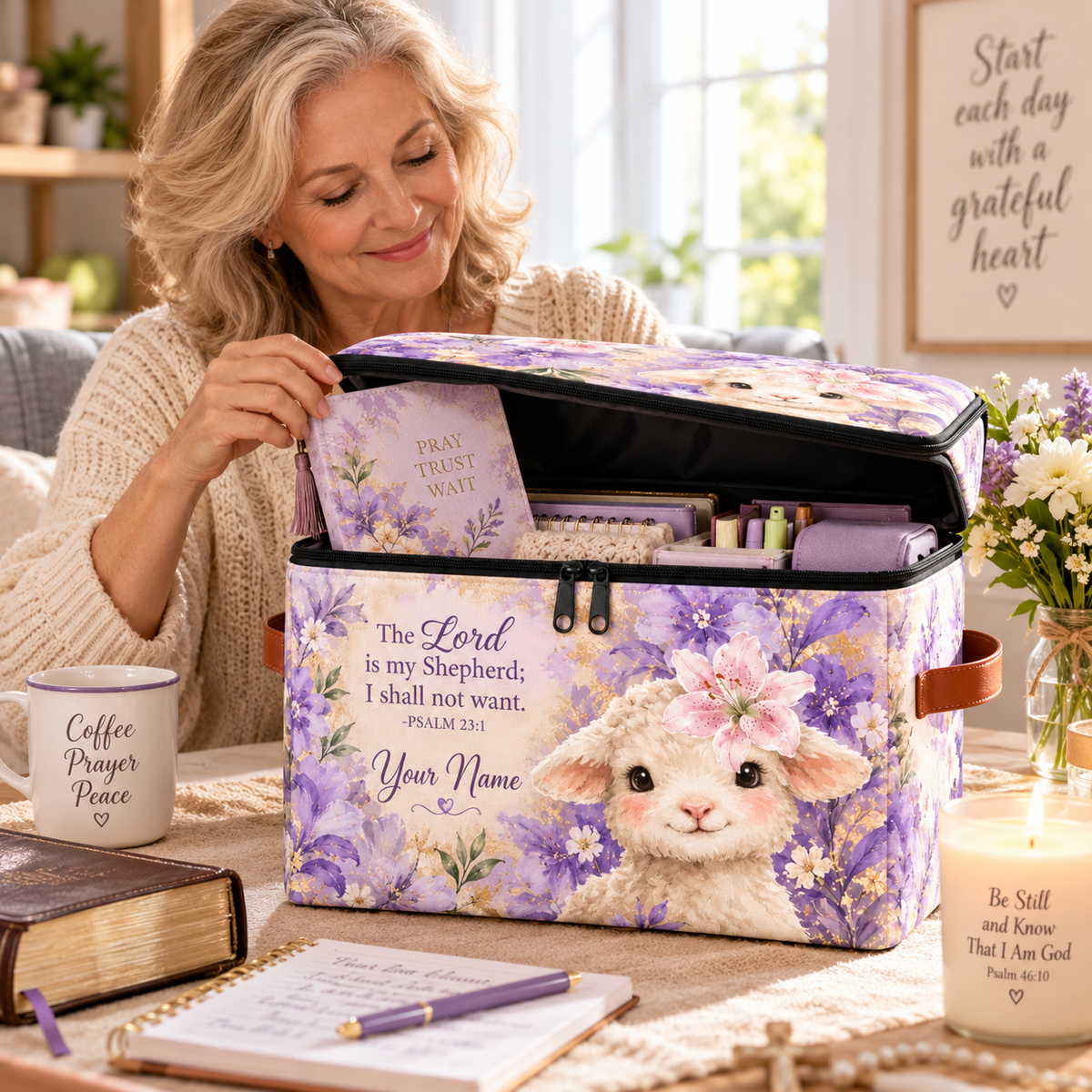 Purple Floral Lamb Personalized Square Storage Basket With Lid