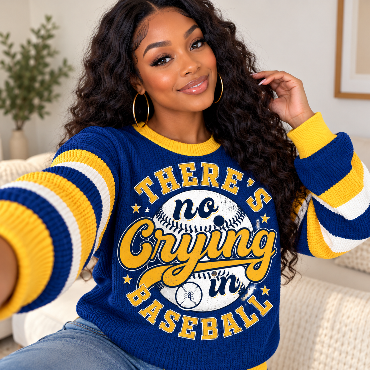 Baseball Graphic Striped Sleeve Waffle Sweatshirt Combo