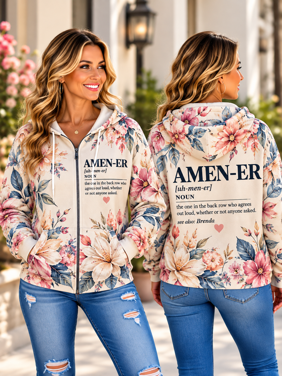 Amen-er Definition Floral Zip Hoodie