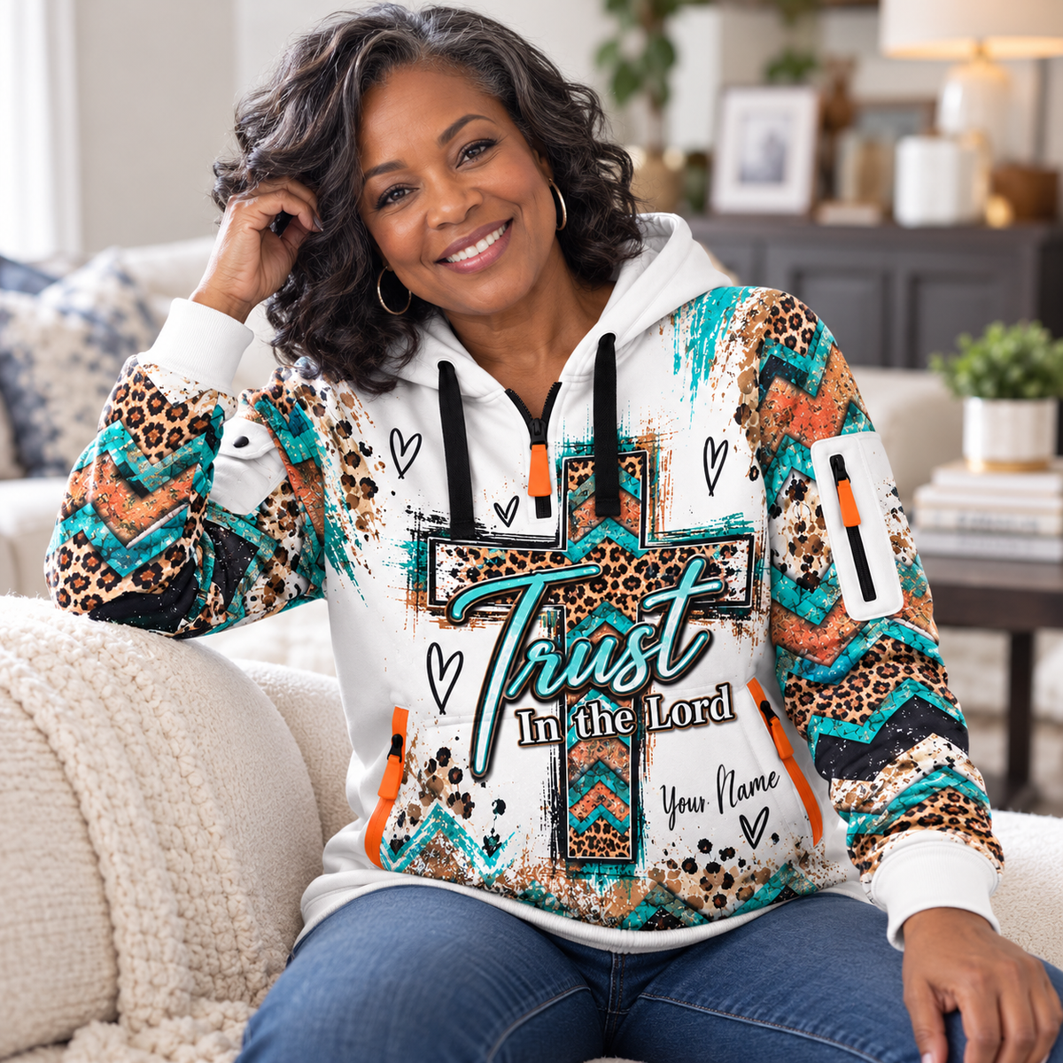 Turquoise Leopard Chevron Personalized Half-Zip Hoodie