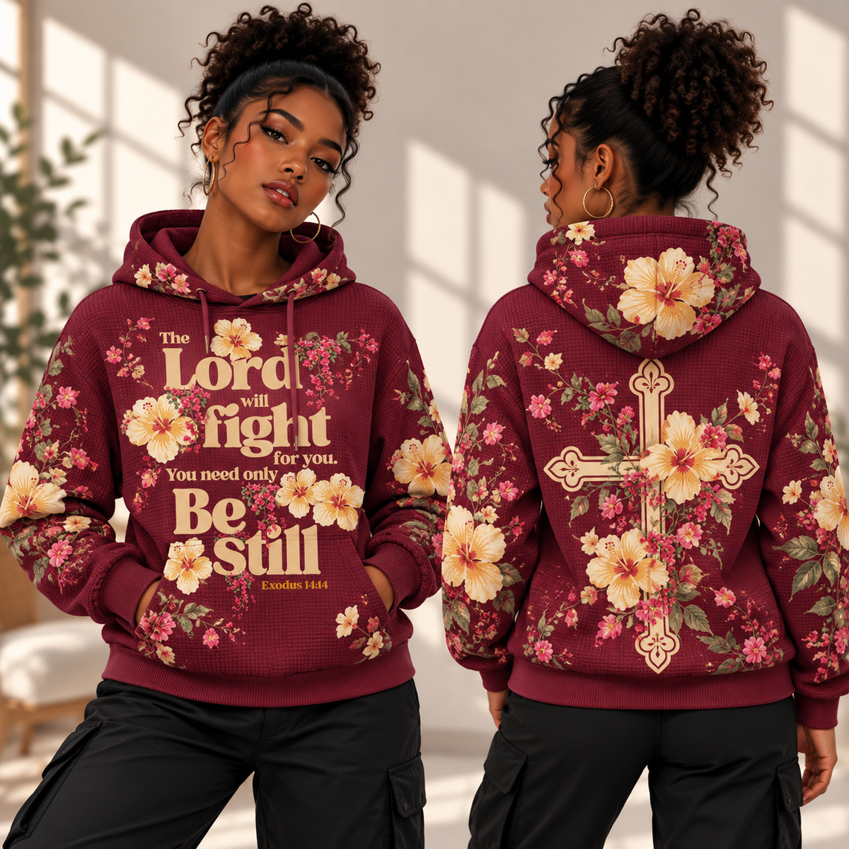 Burgundy Hibiscus Floral Waffle Hoodie