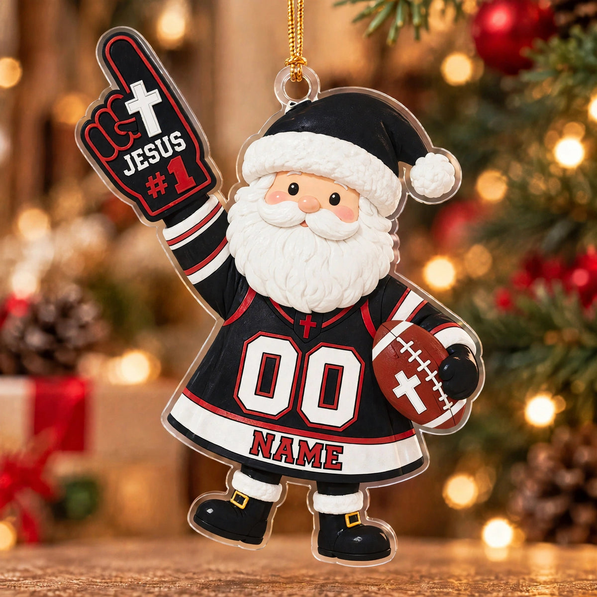 Jesus #1 Black Red Football Santa Personalized Sports Ornament