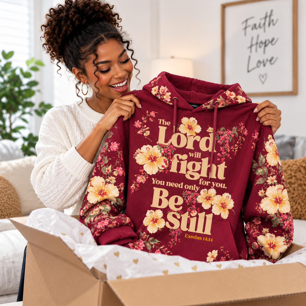 Burgundy Hibiscus Floral Waffle Hoodie