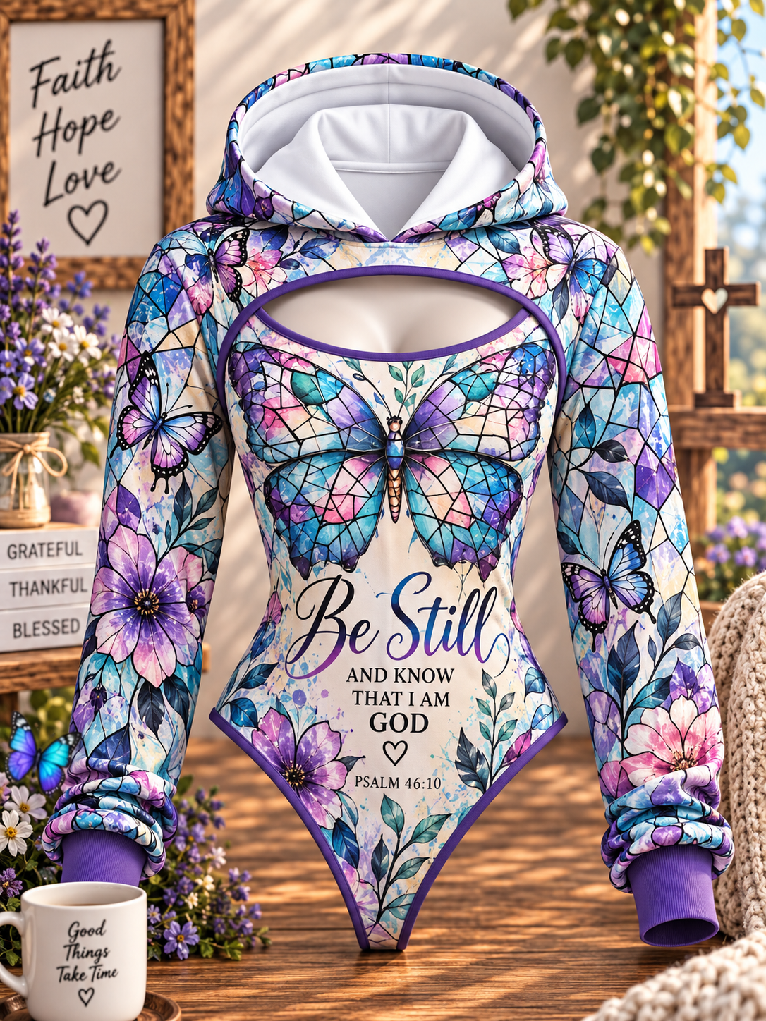 Be Still Stained Glass Butterfly Hooded Jumpsuit