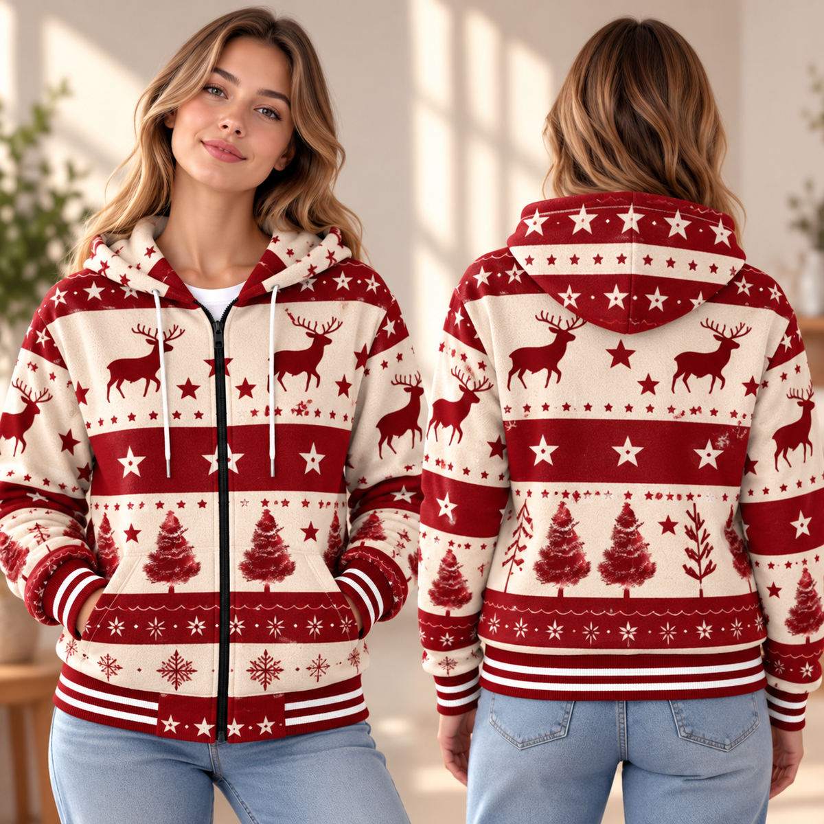 Red Reindeer Snowflake Zip-up Baseball Jacket