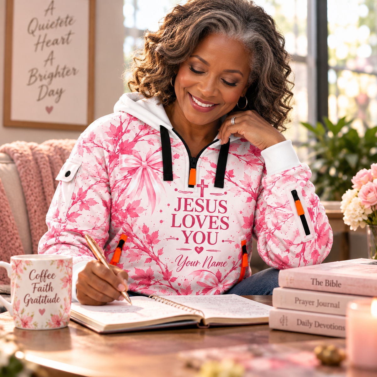 Pink Leaf Bow Personalized Half-Zip Hoodie