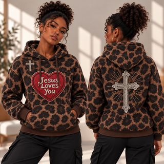 Leopard Print Red Heart Waffle Hoodie