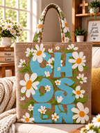 Chosen blue lettering white daisy canvas tote bag