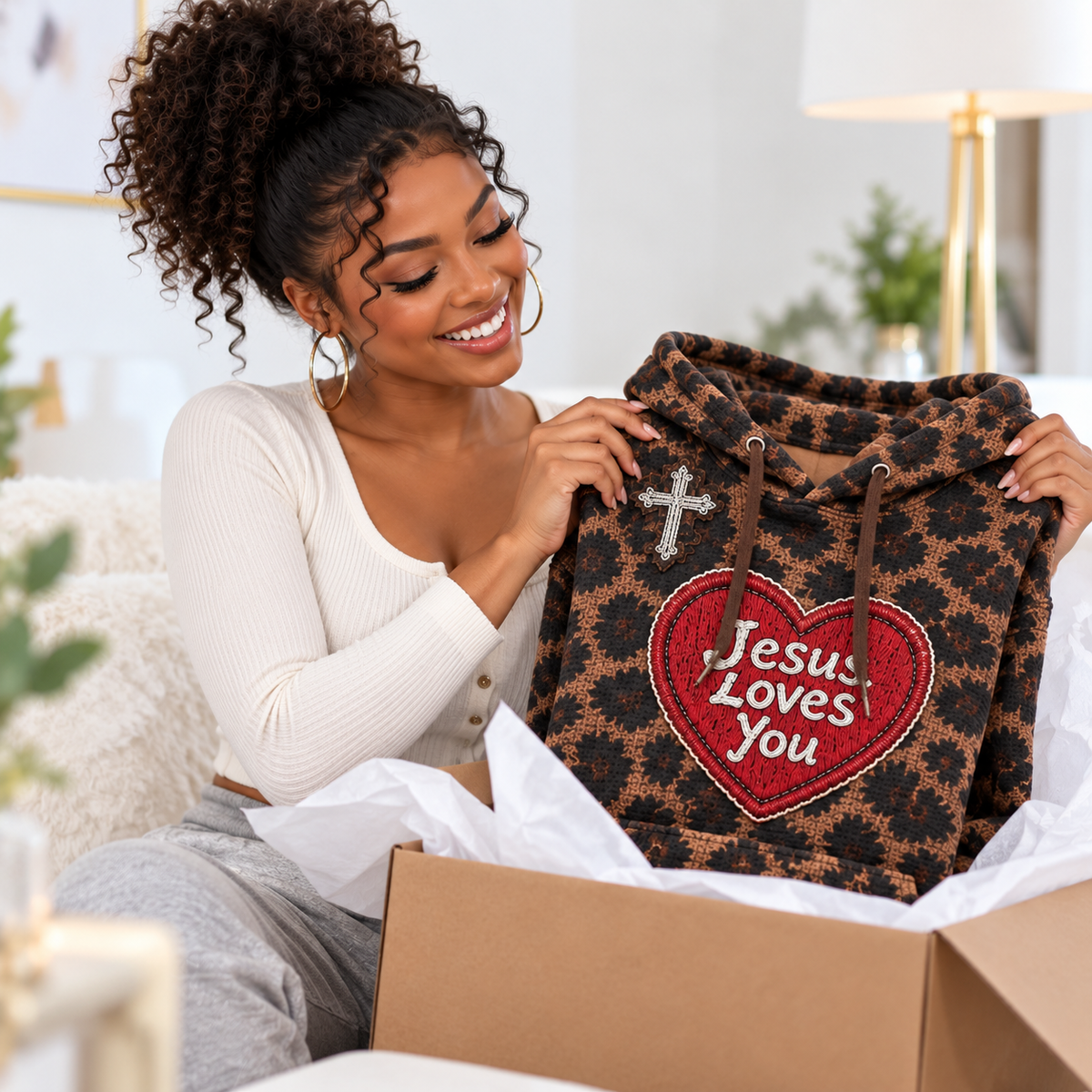 Leopard Print Red Heart Waffle Hoodie