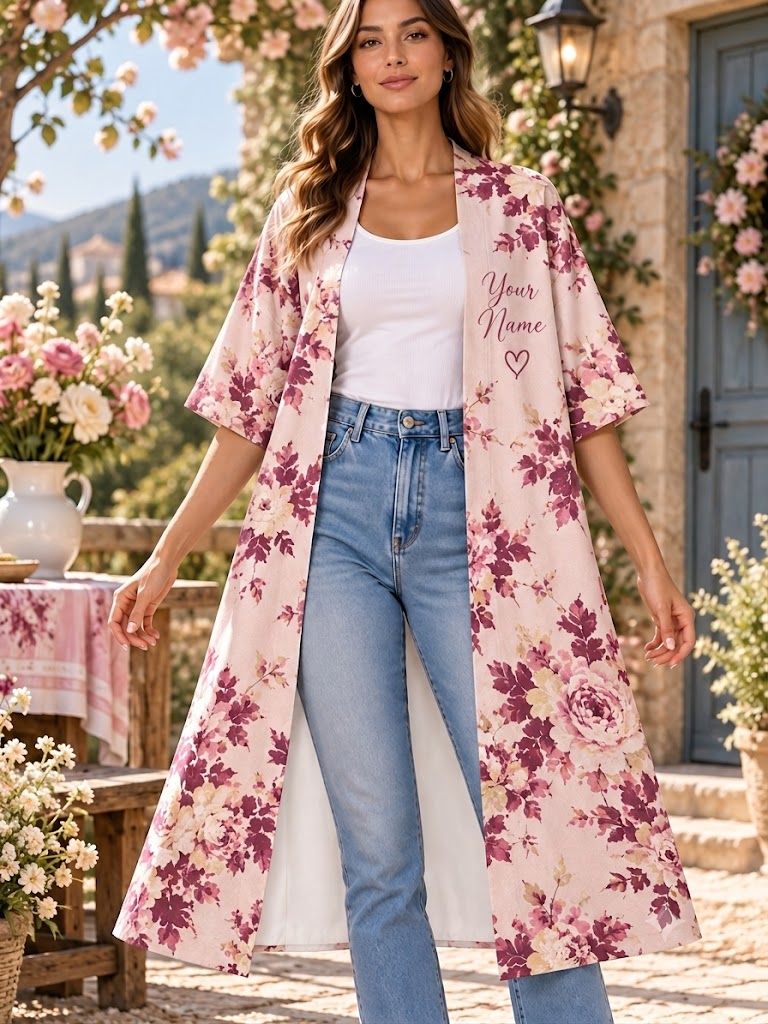 Plum Rose Floral Personalized Women's Short Sleeved Cape