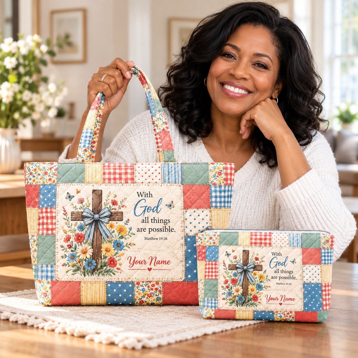 Pastel Floral Patchwork Personalized Quilted Shoulder Bag & Storage Bag