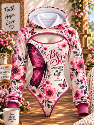 Be Still Pink Butterfly Floral Hooded Jumpsuit