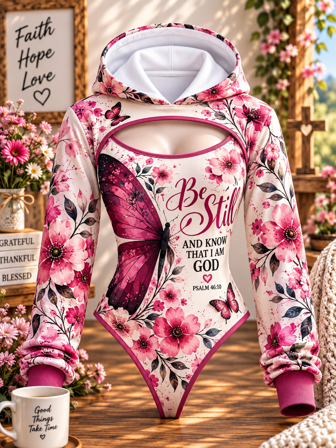 Be Still Pink Butterfly Floral Hooded Jumpsuit