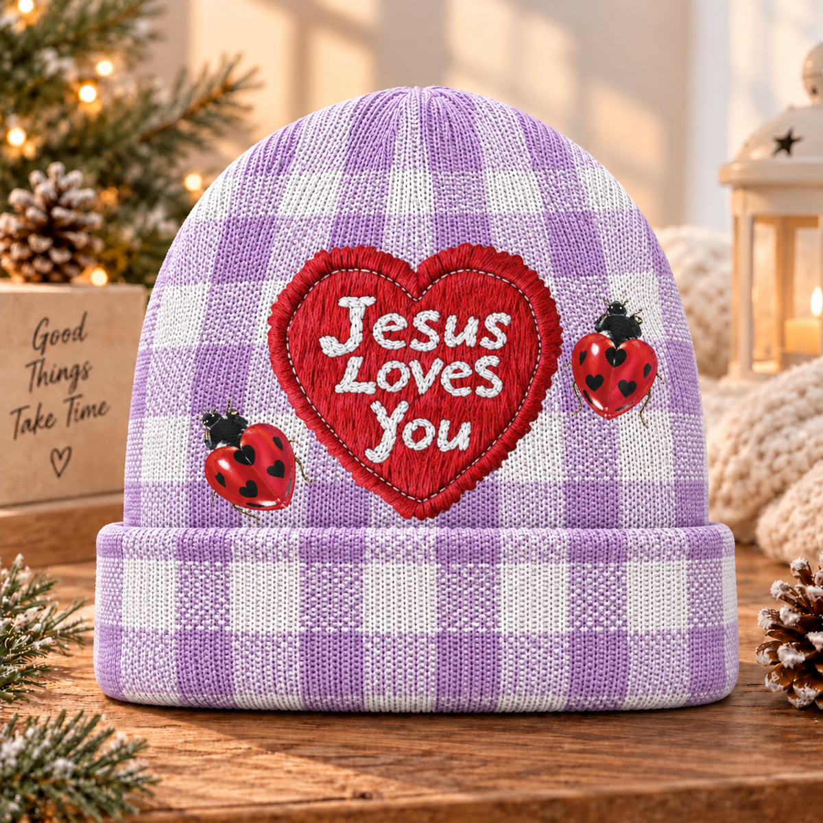Ladybug Purple Gingham Beanie Hat