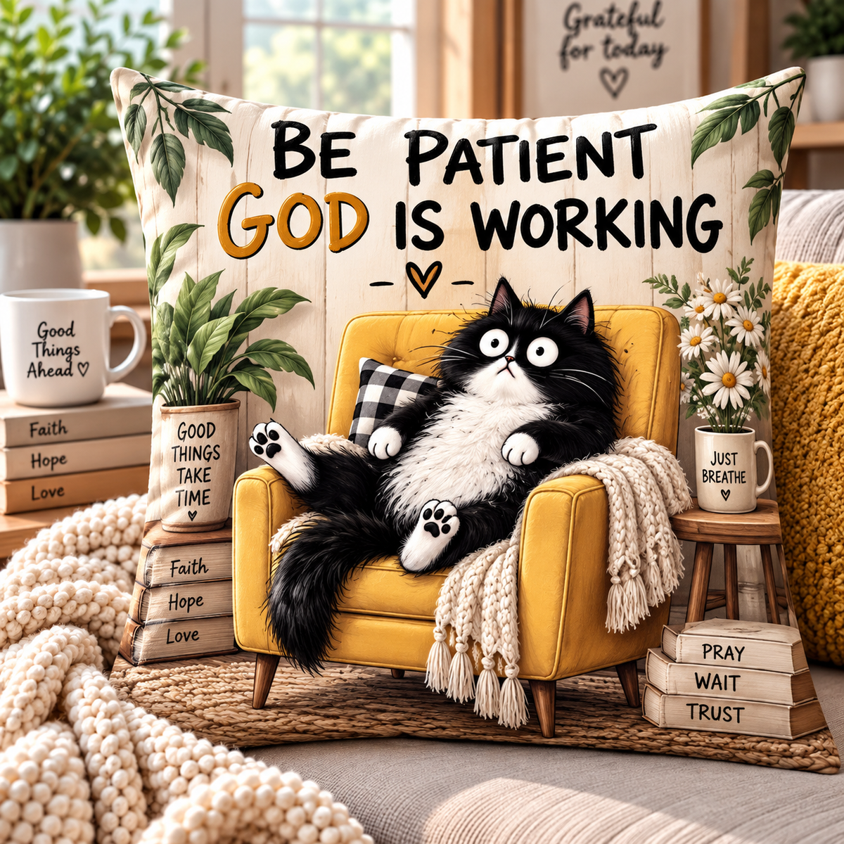 Be Patient God Is Working Tuxedo Cat Pillow